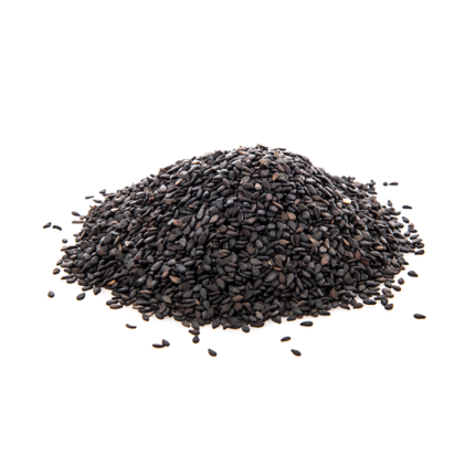 The seeds are tiny, triangular, and jet black in color, with a matte finish. They are arranged in a small pile, showcasing their unique shape and texture. The image captures the distinct appearance of black cumin seeds, which are commonly used as a spice in Middle Eastern and Indian cuisines.