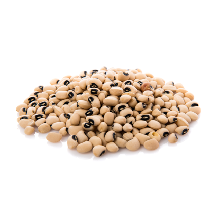 The beans are light cream or beige in color, with a distinctive black "eye" or spot on one side. They are soft and plump, with a glossy texture, and are coated in a savory liquid or sauce. The image showcases the unique appearance of black-eyed beans, a popular legume known for its mild, nutty flavor and versatility in various cuisines, such as Southern, African, and Caribbean dishes.