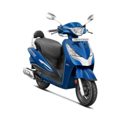 The motorcycle features a sleek and sporty design, with a sharp front end, aerodynamic fairing, and stylish graphics. It has a powerful engine, disc brakes, and alloy wheels. The motorcycle has a comfortable seating position, with a split seat, and a digital instrument cluster. The alt text describes the motorcycle's dynamic appearance and performance features, hinting at its adventurous nature.