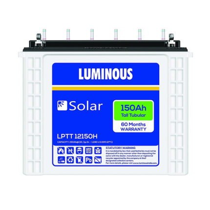 The battery features advanced tubular technology for optimal performance and long service life. It is designed to be maintenance-free and durable, with a robust construction that can withstand tough environmental conditions. With its high capacity and reliable performance, the Luminous LPTT 12150H 150Ah Solar Battery is a dependable choice for solar power storage needs.