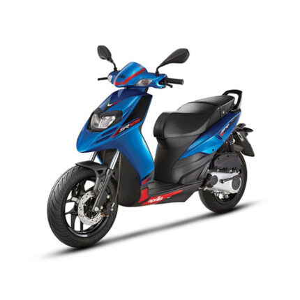 The scooter features a sharp front end, angular body lines, and a distinctive headlamp design. It has a small windscreen, alloy wheels, and a comfortable seat. The scooter is powered by a 125cc engine and has a CVT transmission. The alt text describes the scooter's sleek appearance and performance characteristics.