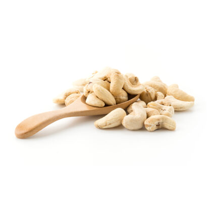 Cashew nuts, a type of tree nut commonly eaten as a snack or used in cooking and baking, known for their rich and buttery flavor and crunchy texture.