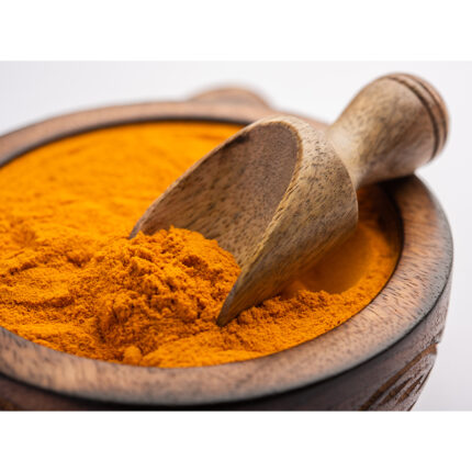 Turmeric powder, a bright yellow spice commonly used in cooking and seasoning, known for its earthy and slightly bitter flavor and vibrant color.