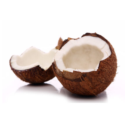 A coconut, a tropical fruit commonly used in cooking and baking for its sweet and nutty flavor and versatile use in both sweet and savory dishes.