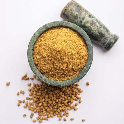 Coriander powder, a spice commonly used in cooking and seasoning, known for its mild and slightly sweet flavor with hints of citrus and nuttiness.
