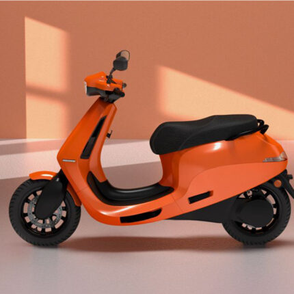 he scooter features a sleek and modern design with clean lines, LED lighting, and a minimalist aesthetic. It has a compact body, large wheels, and a digital instrument cluster. The scooter is powered by an electric motor and has a removable Lithium-Ion battery, offering a range of up to 150 km per charge. It also has regenerative braking, smartphone connectivity, and a futuristic keyless start system. The alt text highlights the scooter's electric powertrain, cutting-edge features, and sustainable mobility.