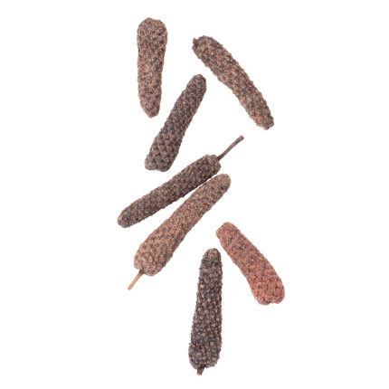 Long pepper, a spice similar to black pepper but with a more complex and sweet taste, commonly used in Indian and Southeast Asian cuisine.