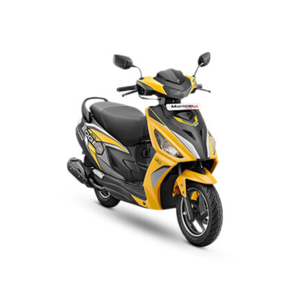 The scooter features a contemporary design with a sleek body, angular lines, and attractive graphics. It has a large headlamp, alloy wheels, and a digital instrument cluster. The scooter has a comfortable seat with a storage compartment underneath, and it is powered by a fuel-efficient engine with a CVT transmission. It also has telescopic front forks, tubeless tires, and a convenient kick-start feature. The alt text highlights the scooter's modern appearance, practical features, and urban mobility.