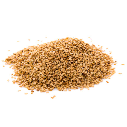 featuring small, shiny brown seeds with a round shape. The seeds have a glossy appearance and are commonly used for their fiber-rich properties.