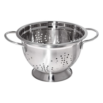 The colander features a cylindrical shape with a wide base and tapered sides, allowing for efficient draining of liquids.