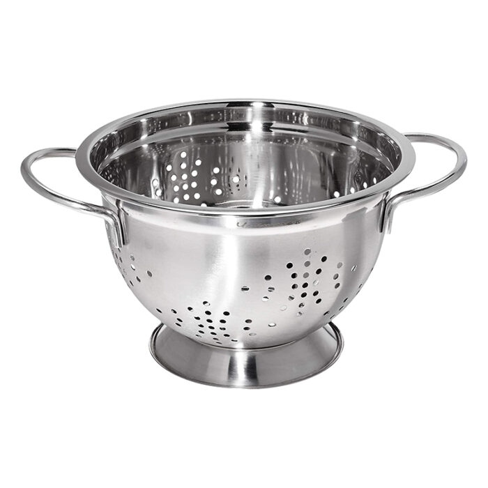 The Colander Features A Cylindrical Shape With A Wide Base And Tapered Sides, Allowing For Efficient Draining Of Liquids.