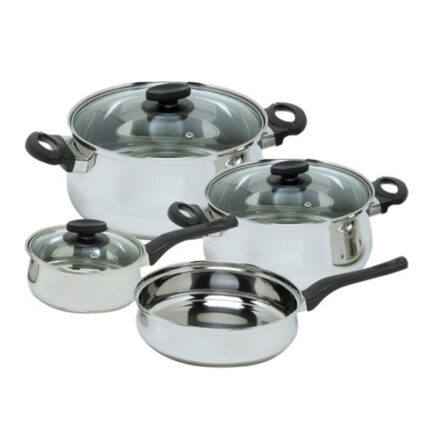 A set of cookware featuring a belly shape design, including pots and pans of different sizes with matching lids.