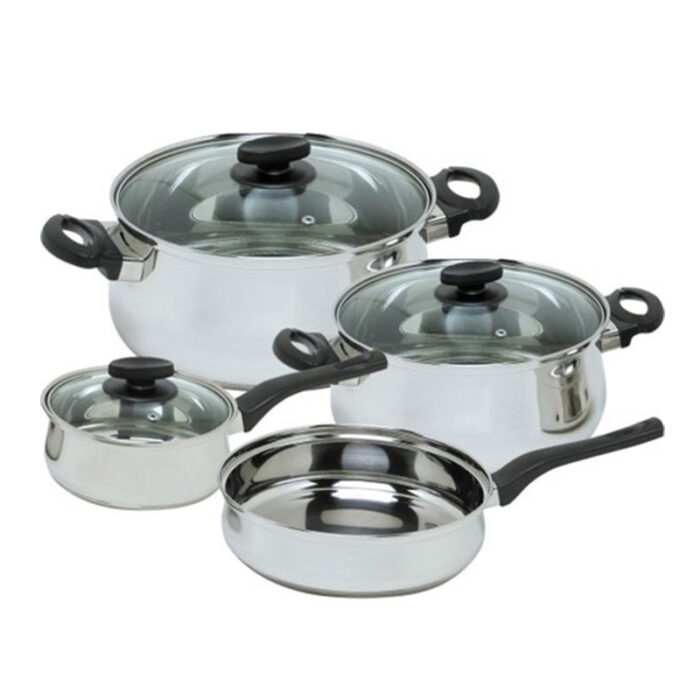 A Set Of Cookware Featuring A Belly Shape Design, Including Pots And Pans Of Different Sizes With Matching Lids.