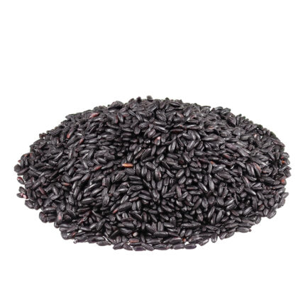 The grains of black rice are small and glossy, with shades ranging from dark purple to black. The image may show a bowl of cooked black rice or a pile of uncooked rice grains. Black rice is also referred to as forbidden rice and is often associated with its historical significance and exclusivity in ancient China.