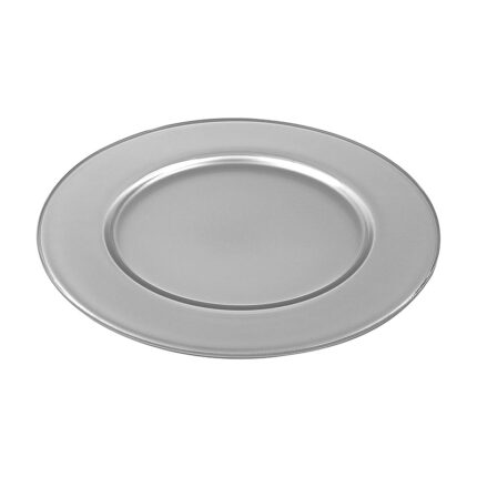 This charger plate features a round shape and a smooth surface, creating a polished backdrop for the tableware.