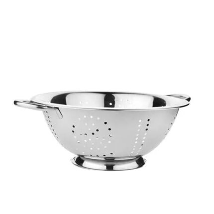 The classic colander is typically made of a durable material such as stainless steel or plastic. It features a bowl-shaped structure with evenly spaced holes or perforations on the sides and bottom to allow liquids to drain while keeping the solid food inside.