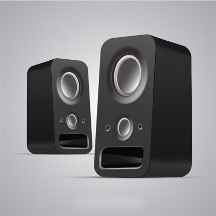 The speakers may consist of two separate units, often referred to as left and right speakers, or a single unit with multiple built-in speakers.