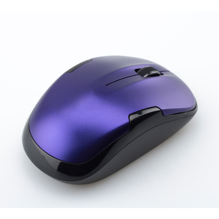 The mouse may have a curved or ergonomic design and typically includes left and right buttons, as well as a scroll wheel in the middle