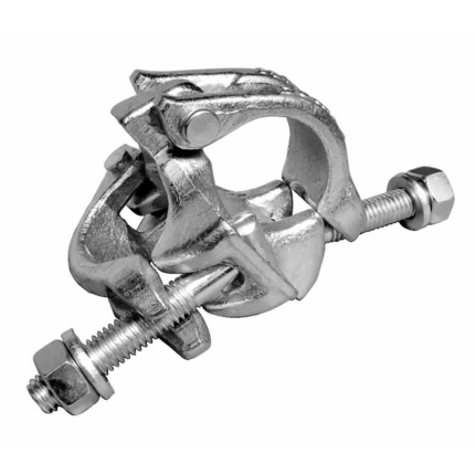 The coupler has two sets of jaws, each with teeth that grip onto the tubes, and a bolt that can be tightened to secure them in place. The coupler is made of metal and has a shiny, silver finish.