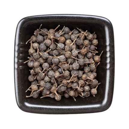 The berries are small, round, and dark brown, with a wrinkled texture and a spicy, pungent flavor. Cubeb is commonly used in Asian and Middle Eastern cuisine as a seasoning for meats, vegetables, and soups.