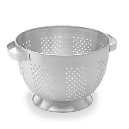 The deep colander is typically made of a durable material such as stainless steel or plastic. It features a bowl-shaped structure with evenly spaced holes or perforations on the sides and bottom to allow liquids to drain while keeping the solid food inside.