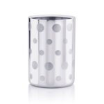 The wine cooler is made of a durable material such as stainless steel or plastic and features a dotted pattern design.