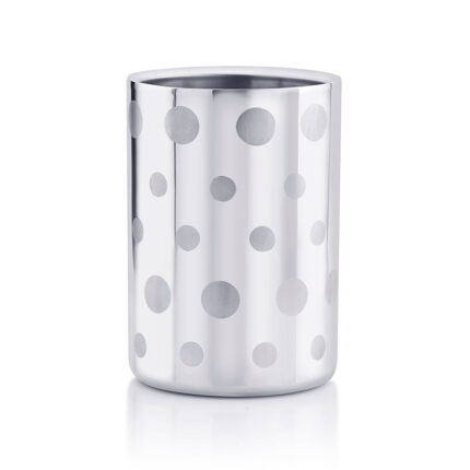 The wine cooler is made of a durable material such as stainless steel or plastic and features a dotted pattern design.