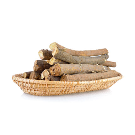 The burdock root is long and slender with a brownish-grey exterior, and a white flesh interior. The roots are cut into small pieces, revealing the fibrous texture inside. Burdock root is a popular ingredient in traditional Asian cuisine, often used in soups, stir-fries, and herbal teas.
