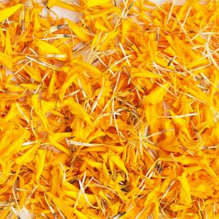 The calendula flowers are bright yellow and orange, with a delicate texture and a pleasant aroma. The flowers have been dried, resulting in a slightly wilted appearance, but still retain their color and shape.