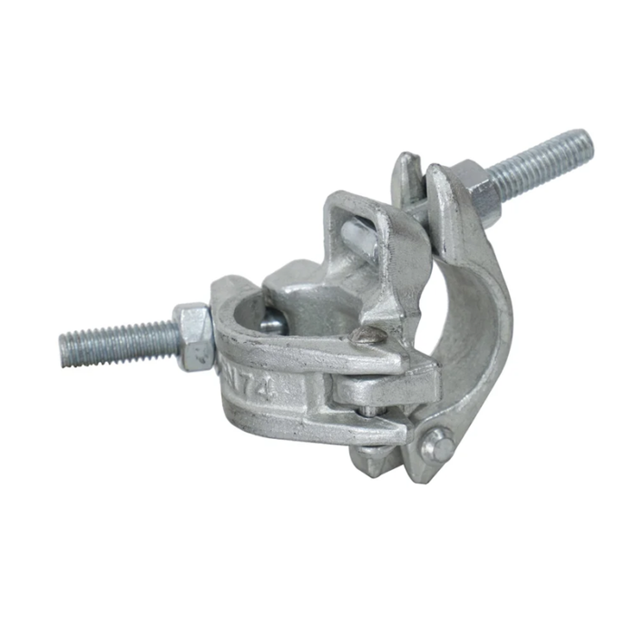 A Piece Of Scaffolding Equipment Used To Connect Two Horizontal Tubes At A Right Angle. The Coupler Has Two Sets Of Jaws, Each With Teeth That Grip Onto The Tubes, And A Bolt That Can Be Tightened To Secure Them In Place. The Coupler Is Made Of Metal And Has A Shiny, Silver Finish.