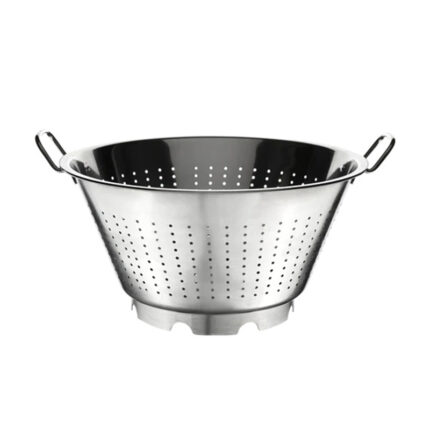 The colander is made of durable materials like stainless steel or plastic and features a deep, cylindrical shape with a perforated surface.
