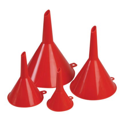 The set includes funnels of different sizes and shapes, made of plastic or metal. The funnels are arranged in a neat row on a workbench, with some of them hanging on a pegboard in the background.
