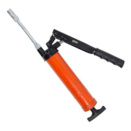 The grease gun features a metallic body with a black rubber grip handle, a lever for manual operation, and a nozzle for dispensing grease. The gun is compact and lightweight, with an 8oz capacity, making it ideal for small-scale lubrication tasks.