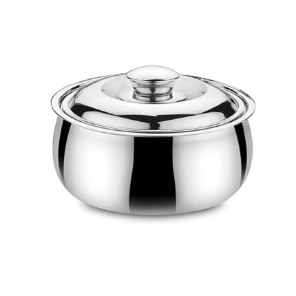 The casserole features a rounded base and wide, curved sides that create a distinctive belly shape. It is typically made of high-quality materials such as cast iron or stainless steel, known for their excellent heat distribution and retention properties.