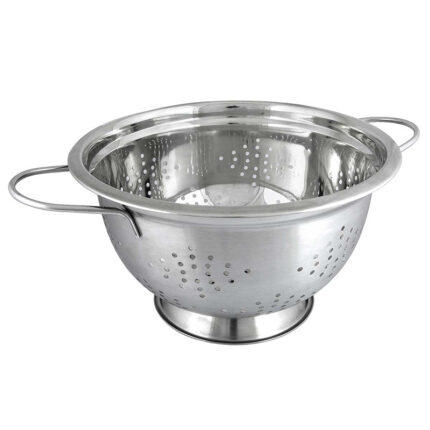 The German colander is typically made of a durable and heat-resistant material such as stainless steel or plastic.