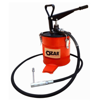 The pumps feature a metallic body with a handle for manual operation, and a nozzle for dispensing grease. The pumps are designed for heavy-duty industrial use and are commonly used in manufacturing and maintenance facilities.