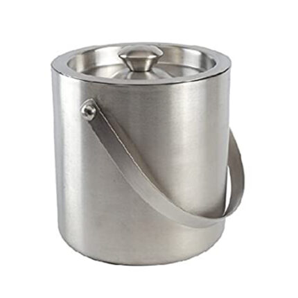 The ice bucket is typically made of a durable material such as stainless steel or plastic and has a double-walled construction to provide insulation and prevent melting.