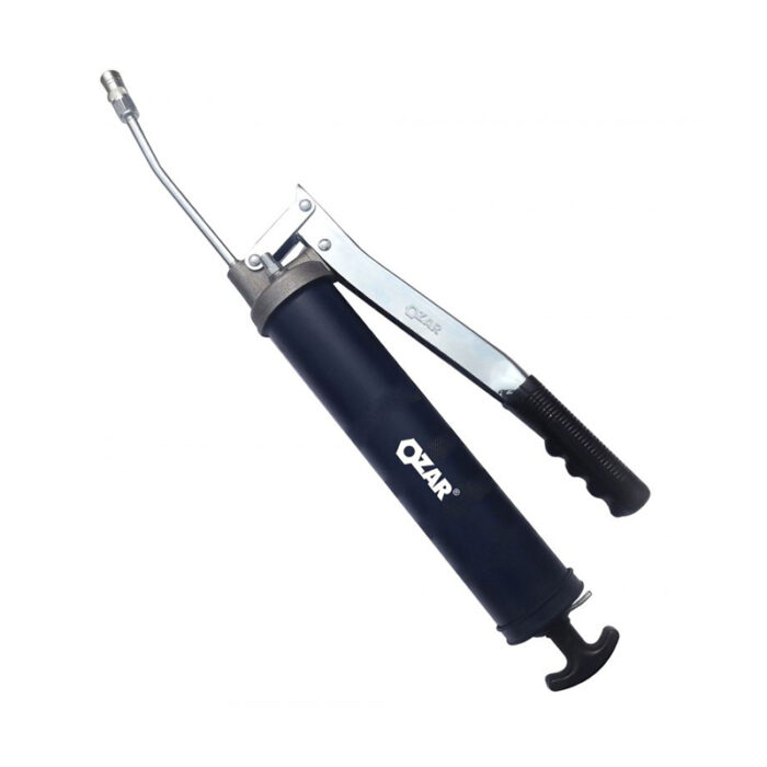 . The Grease Gun Features A Metallic Body With A Black Rubber Grip Handle, A Lever For Manual Operation, And A Nozzle For Dispensing Grease. The Gun Is Designed For Heavy-Duty Industrial Use And Has A High-Capacity Container For Extended Use.