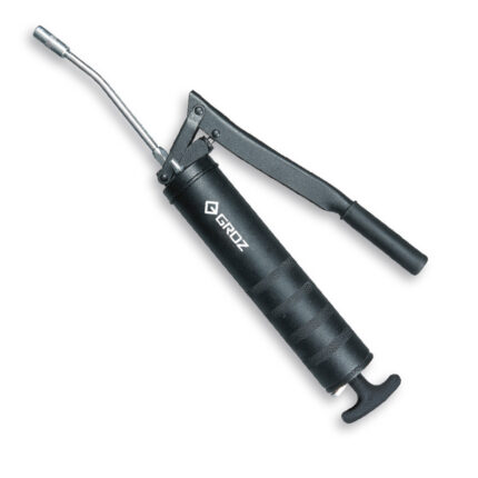 The grease gun features a metallic body with a black rubber grip handle, a lever for manual operation, and a nozzle for dispensing grease. The gun is compact and lightweight, with a 3oz capacity, making it ideal for small-scale lubrication tasks. The gun is also designed for budget-conscious consumers, providing a cost-effective solution for lubrication needs.