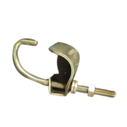 The clamp has a U-shaped design and is made of metal with a silver or gray finish. It has a set of jaws that grip onto the rungs of the ladder and another set that clamps onto the vertical structure. The clamp can be tightened using a bolt or lever to hold the ladder securely in place. The ladder clamp is designed to improve safety and stability when using a ladder.