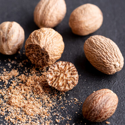 Nutmeg is a spice commonly used in culinary applications, particularly in sweet dishes such as baked goods, desserts, and beverages. It is often used in combination with other spices such as cinnamon and cloves. Nutmeg is also used in traditional medicine for its potential health benefits, such as reducing inflammation, improving digestion, and promoting relaxation.