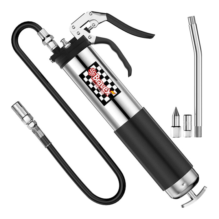 Designed For Lubricating Machinery And Equipment. The Grease Gun Features A Metallic Body With A Black Rubber Grip Handle, A Nozzle, And A Lever For Dispensing Grease