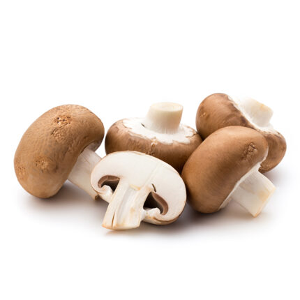 The mushrooms are large and have a distinctively round cap with a brownish-gray color and a velvety texture. The undersides of the caps are covered with a spongy layer of small pores instead of gills. The image captures the appearance of porcini mushrooms, a popular wild edible mushroom known for their meaty texture and earthy, nutty flavor. The alt text conveys the distinct round cap, brownish-gray color, and spongy layer of pores on the underside of porcini mushrooms.