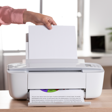 The printer may be a standalone unit or part of a larger multifunction device that includes printing, scanning, and copying functionalities.