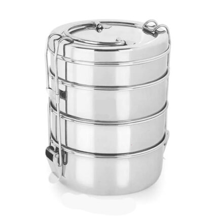 The tiffin is commonly made of stainless steel or other sturdy materials, and it features a handle for easy carrying.