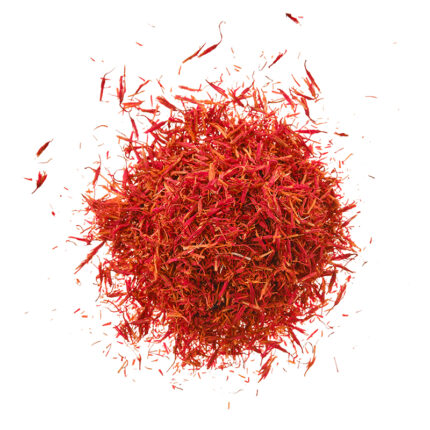 The saffron threads are thin and delicate with a bright orange color and a slightly curved shape. They are arranged in a small pile and fill the frame of the image. The image captures the appearance of saffron, a highly valued spice known for its rich aroma, distinctive flavor, and vibrant color. The alt text conveys the thin, delicate shape, bright orange color, and curved appearance of the saffron threads. Saffron is used in various dishes, such as rice, soups, and sauces, to add a unique flavor and aroma.