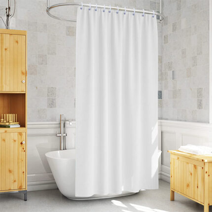 The shower curtains are typically hung from a rod or hooks and extend the full length of the shower or bathtub. They come in various colors, patterns, and materials, such as polyester or vinyl.