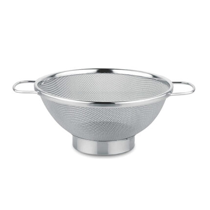 . The colander is made of stainless steel and features a unique star-shaped design with evenly spaced wires forming the surface.