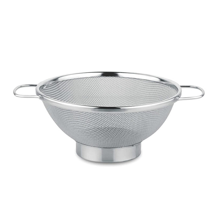 . The Colander Is Made Of Stainless Steel And Features A Unique Star-Shaped Design With Evenly Spaced Wires Forming The Surface.