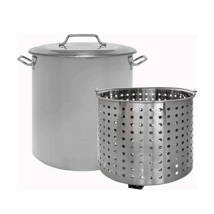 "Steamer stock pot steel: A large stainless steel pot with a built-in steamer basket, ideal for cooking a variety of dishes such as steamed vegetables, seafood, and dumplings."